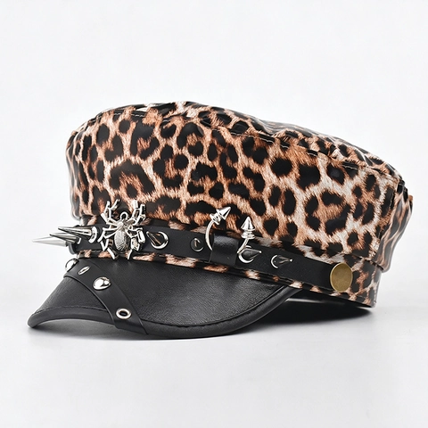 Leopard Print Militärmütze PU Leder Schirm Mit Metall Spinne Spikes Punk Gothic Style Baker Boy Mütze Für Damen Herren