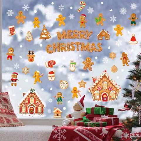 Christmas Gingerbread Man Window Stickers PVC Static Cling Gingerbread House Snowflake Decor Holiday Home Glass Ornament