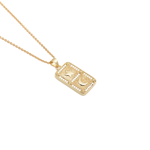 Gold Plattiert Kupfer Rechteckig Anhänger Halskette Mit Zirkon Stern Mond Herz Symbole Minimalistischer Schmuck Damen