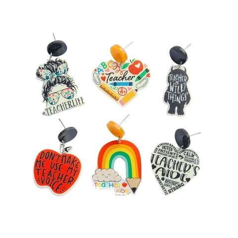 Acrylic Teacher Drop Earrings Rainbow Heart Apple Cartoon Jewelry Women Gift With Stainless Steel Earring Post