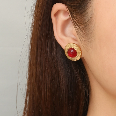 Pendientes Redondos Con Piedras Preciosas Incrustadas Acero Inoxidable Chapado En Oro Vintage Retro Joyas De Lujo Mujer