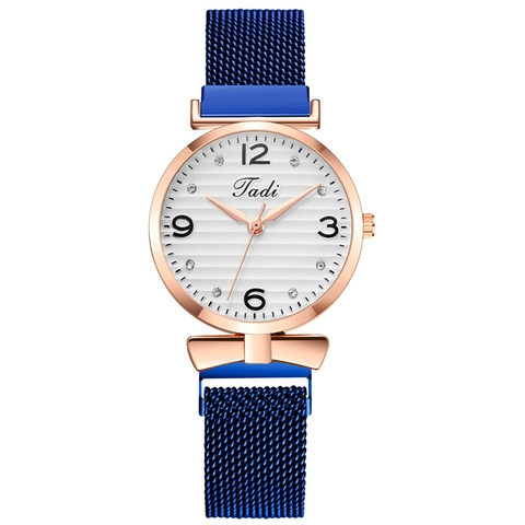 Women Quartz Watch Rhinestone Bow Accent Wavy Dial Stainless Steel Mesh Magnetic Strap Elegant Fashionable