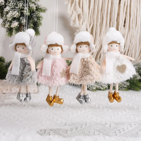 Pluche Kerstengel Pop Hangers Met Wintermuts Sjaal Pailletten Hart Ster Nepbont Schattige Feestboomdecoraties