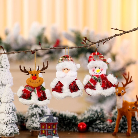 Weihnachts Plüsch Anhänger Weihnachtsmann Schneemann Rentier Bär Karierter Stoff Weiche Festliche Baumdekoration