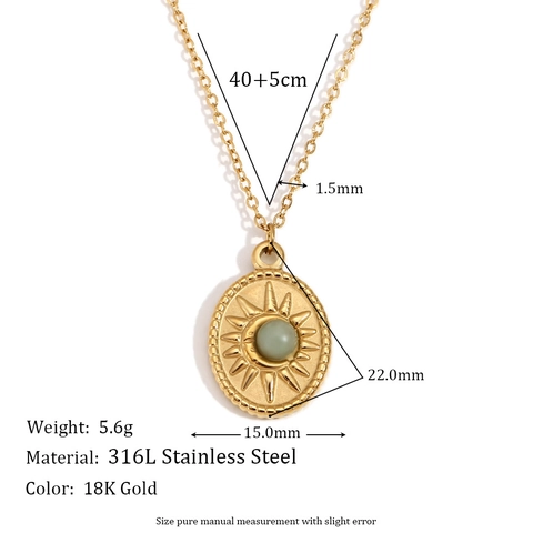 Collier Pendentif Soleil Ovale en Acier Inoxydable Plaqué Or 18K Avec Pierre Naturelle Verte Bijoux de Mode Rétro Femme