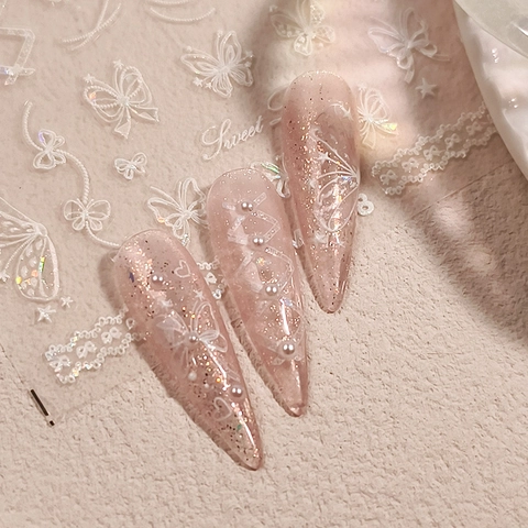 Adesivi Per Unghie Farfalla Bianco Rilievo Laser Olografico Pizzo Fiocco Design Elegante Decorazione Manicure