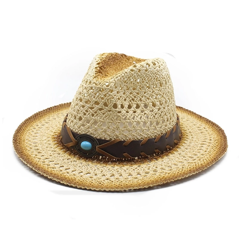 Western Cowboy Straw Hat Breathable Sun Protection Rollable Brim Faux Leather Band Turquoise Vintage Bohemian Summer Travel