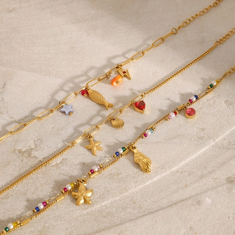 Pulsera De Acero Inoxidable Tema Océano Estrella De Mar Concha Cuentas Coloridas Pez Corazón Impermeable Para Mujeres