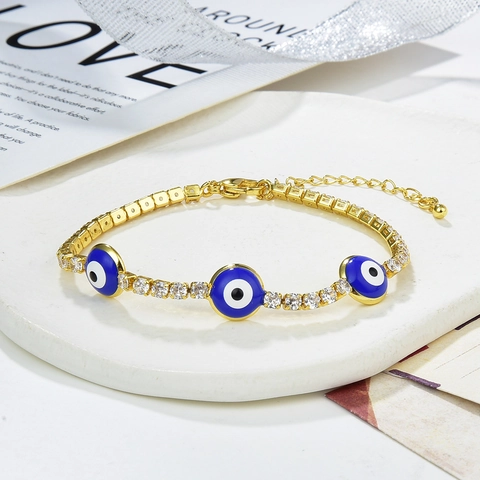 Bracciale Tennis Malocchio Rame Placcato Oro 18K Zirconi Smalto Colorato Gioielli Regolabili Per Donna