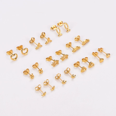 304 Stainless Steel Stud Earrings 18K Gold Plated Heart Crown Leaf Moon Rabbit Shapes Cute Elegant Jewelry For Women