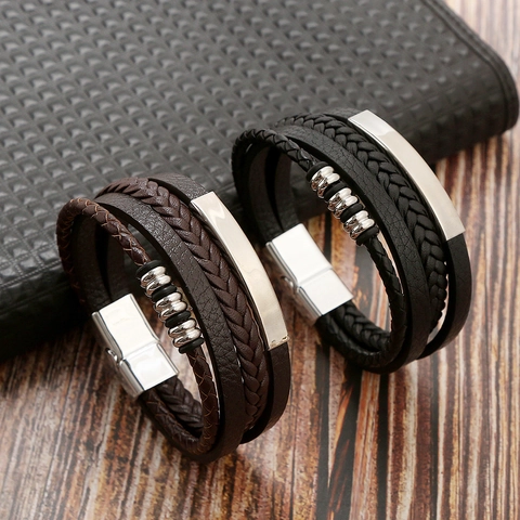 Men Multi Layer Braided Leather Bracelet With Stainless Steel Magnetic Clasp Metal Beads Stylish Wristband Jewelry