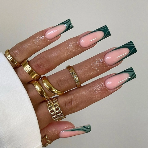 Uñas Postizas Largas Ataúd Rayas Verdes Estilo Francés Puntas De Uñas Artificiales Diseño Ins Moderno Para Mujeres