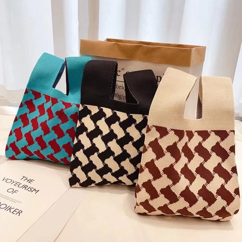 Strickhandtasche Damen Gestreift Schachbrettmuster Polyester Knoten Handgelenk Tote Bag Lässig Vielseitig Modisch