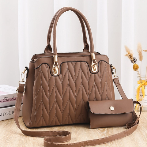 Bolso De Mano De Mujer Cuero PU Acolchado Chevron Bolso Tote Grande Con Pochette Correa Ajustable Estilo Elegante