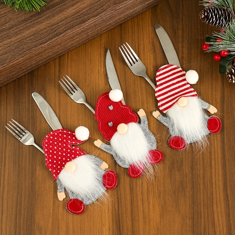 Christmas Gnome Cutlery Holder Silverware Pouch Flannel Knitted Felt Rudolph Table Decor Xmas Holiday Dinner Party