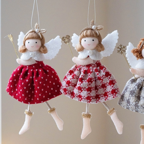 Decorazioni Appese Bambola Angelo Di Natale Tessuto Peluche Vestito A Quadri Pois Ali Corona Oro Bacchetta Albero