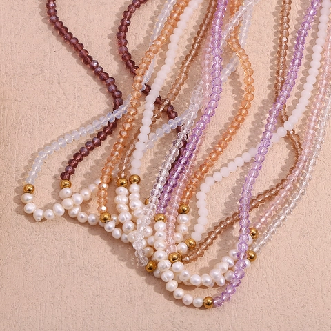 Stainless Steel Handmade Beaded Necklace With Freshwater Pearl And Faceted Rhinestone Elegant Fashion Jewelry For Women