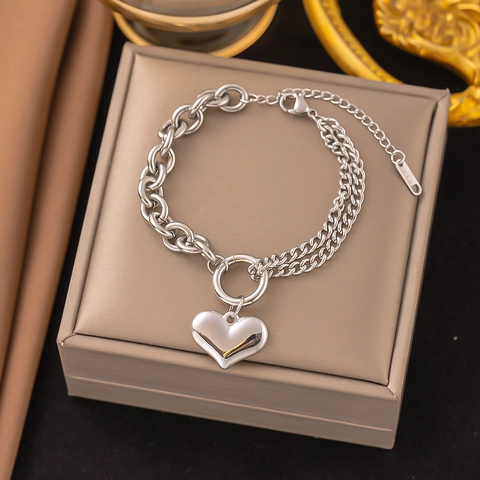 Vintage Titanstahl Herzanhänger Armband Für Damen Gold Silber Gesplittete Kette Minimalistischer Hip Hop Schmuck