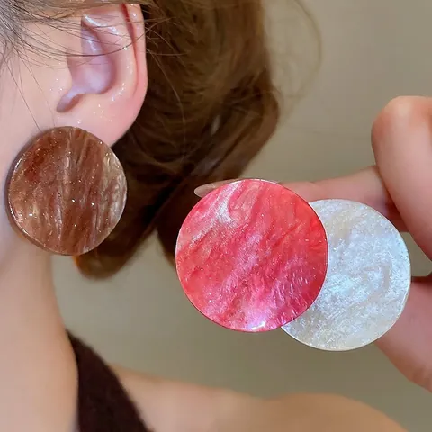 Round Stud Earrings Acrylic Resin Marble Texture Glitter With 925 Sterling Silver Earring Post Geometric Retro Elegant