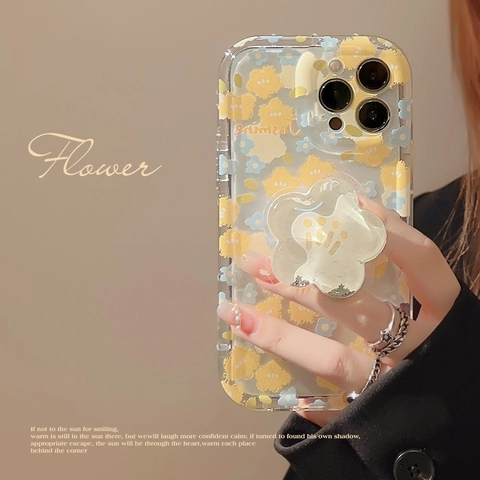 Floral Clear Phone Case For iPhone 16 15 14 13 12 Pro Max With Cute 3D Flower Grip Tok Stand Glitter TPU Cover