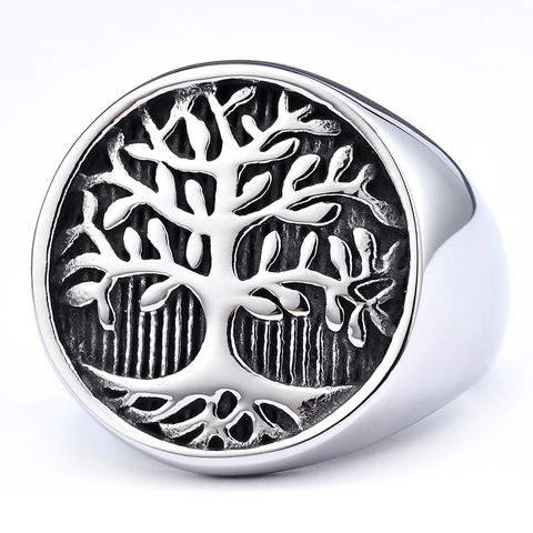 Viking Ring Men 316L Stainless Steel Tree Of Life Nordic Runes Celtic Knot Vintage Punk Gothic Band Signet Ring Jewelry