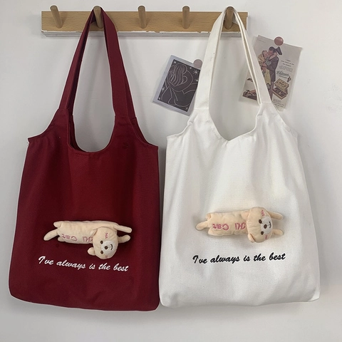 Sac Fourre-tout En Toile Décoration De Poupée En Peluche Chat Lapin Grande Capacité Sac À Épaule Décontracté Style Japonais