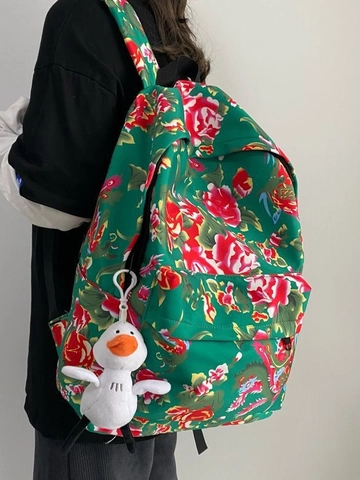 Traditioneller Chinesischer Blumenmuster Rucksack Nylon Wasserdicht Große Kapazität Reiserucksack Ethno-Stil Mit Plüsch Ente Anhänger