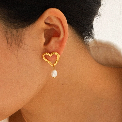 Orecchini A Goccia A Cuore In Acciaio Inossidabile Texture Martellata Con Pendente Di Perla Artificial Gioielli Vintage Placcati Oro