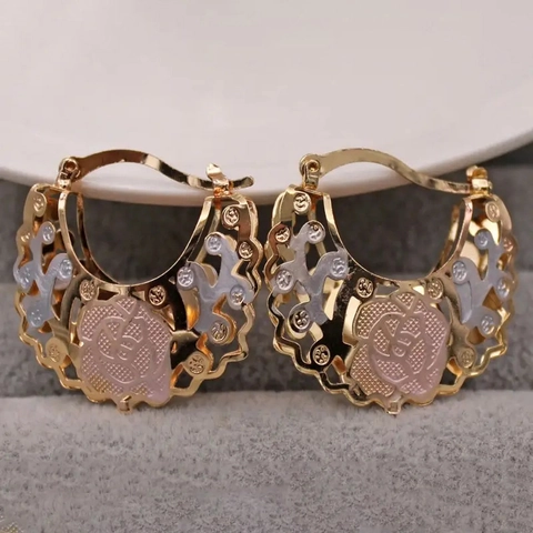 Brass Huggie Hoop Earrings Tri-Color Hollow Out Rose Flower Floral Design Elegant Jewelry For Women