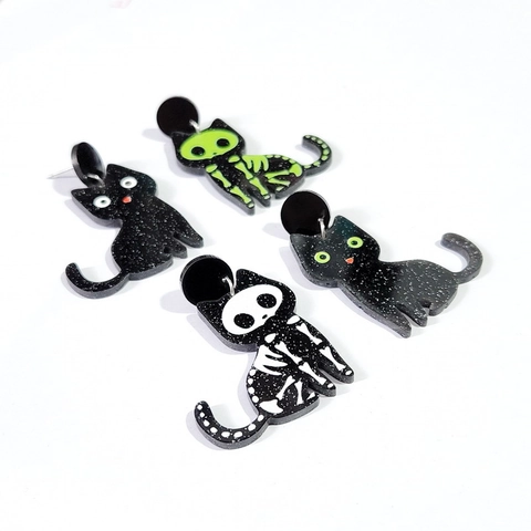 Orecchini A Goccia Scheletro Gatto Nero Halloween Acrilico Gioielli Gotici Osso Di Animale Con Perno In Argento