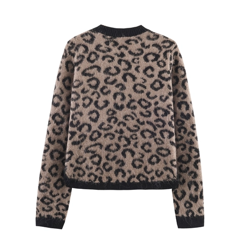 Women Leopard Print Knit Cardigan Sweater Loose V Neck Long Sleeve Open Front Autumn Winter Casual Jacket Outwear Top