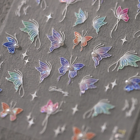 5D Embossed Butterfly Nail Art Stickers Holographic Adhesive Decals With Faux Artificial Pearls DIY Manicure Decoration For Women