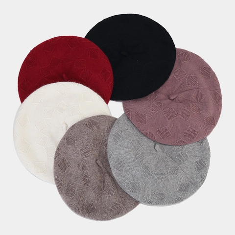 French Retro Knit Beret Hat Rabbit Hair Blend Diamond Pattern Warm Solid Color Vintage Painter Hat Women
