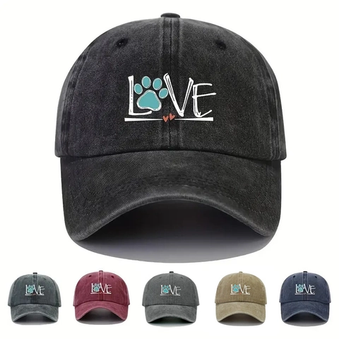 Berretto Da Baseball In Cotone Lavato LOVE Impronta Di Zampa Retro Protezione Solare Outdoor Casual Unisex
