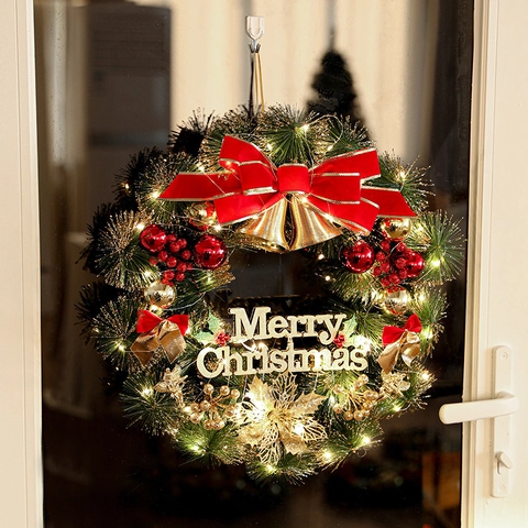 Corona Di Natale Artificiale Con Luci LED Aghi Di Pino In PVC Fiocco Rosso Ornamenti Oro Decorazione Da Appendere