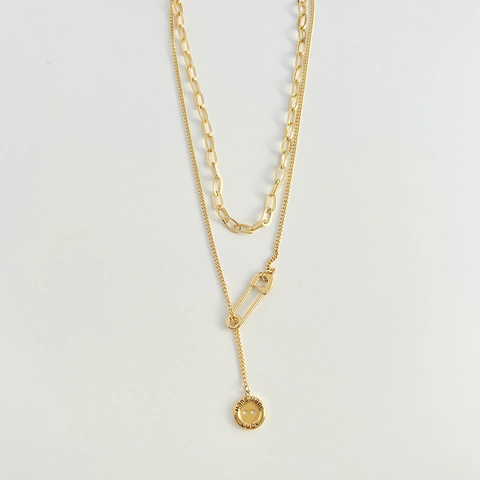 Layered Stainless Steel Necklace Safety Pin And Round Coin Pendant Hip Hop Streetwear Style Jewelry For Men Women