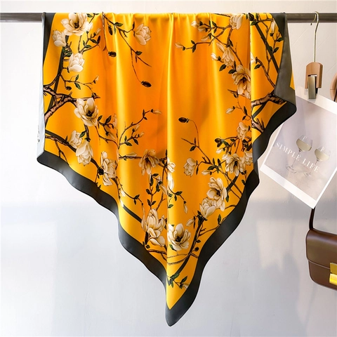 Elegant Floral Print Satin Scarf Square Twill Polyester Shawl Sun Protection Decorative Women Magnolia Pattern Contrast Border