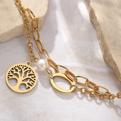 Tree Of Life Doppelreihiges Armband Edelstahl Mit Imitationsperle Eleganter Hohlanhänger Gliederkette Schmuck Für Frauen