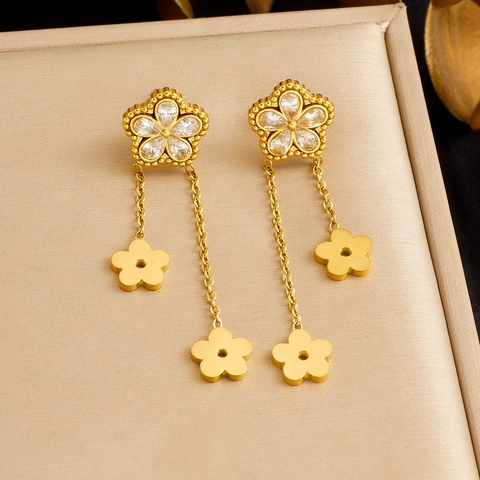 Pendientes Largos De Borla Con Flores Acero Inoxidable Chapado En Oro Circonita Clara Joyas Elegantes Mujer