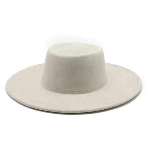 Vintage Britse Stijl Suède Fedora Hoed Brede Rand Platte Kroon Effen Kleur Polyester Elegante Herfst Winter Accessoires