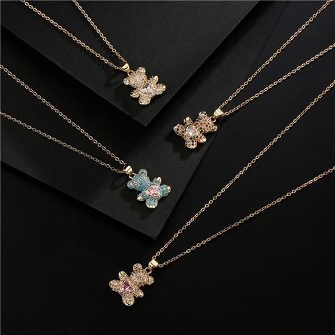Collier Pendentif Ours Mignon Cuivre Avec Zircon Micro-serti Pierre Coeur Bijoux Animaux Mode Pour Femmes