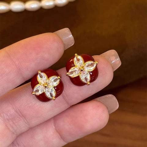 Retro Square Flower Stud Earrings Gold Plated Copper Zircon Enamel With Silver Earring Post For Women