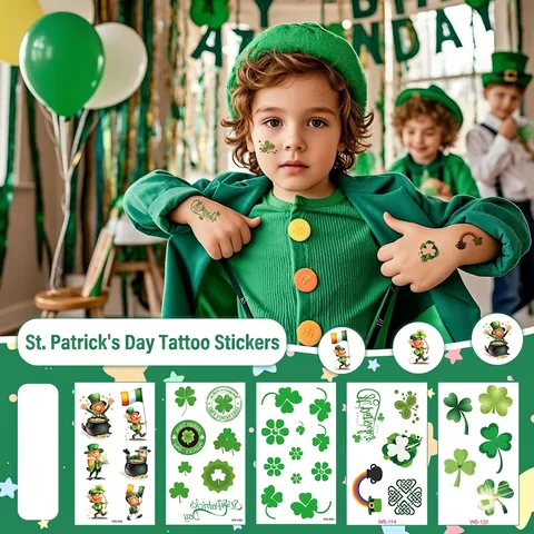 St Patricks Day Temporary Tattoos Waterproof Green Shamrock Leprechaun Lucky Clover Body Art Stickers For Irish Festival