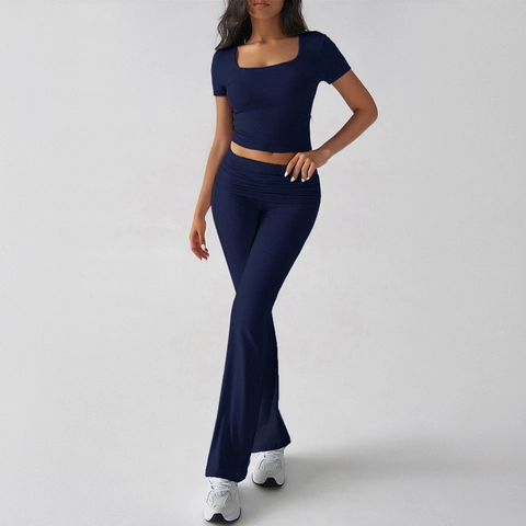 Top Corto E Pantaloni A Zampa Da Donna Viscosa Elastan Stile Y2K Casual Sportivo Tinta Unita