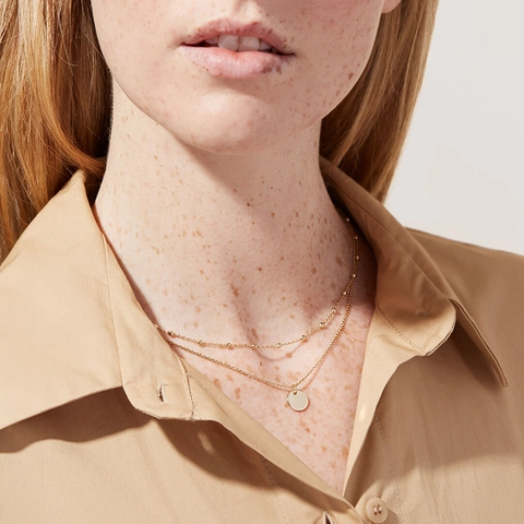 Double Layer Necklace 18K Gold Plated Stainless Steel Bead Chain Round Disc Pendant Fashion Jewelry For Women