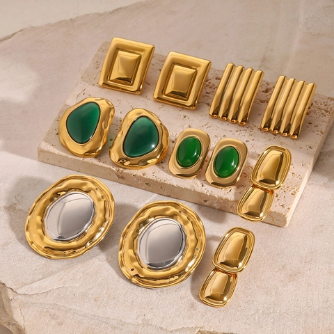 Pendientes de Botón de Acero Inoxidable Vintage Oversize para Mujer Pendientes Geométricos Bañados en Oro Plata Pendientes con Textura de Ondas Joyería de Moda