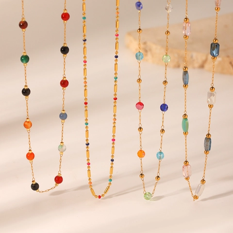 Colorful Natural Stone Bead Stainless Steel Necklace For Women Gold Plated Dainty Clavicle Chain Jewelry Accessory