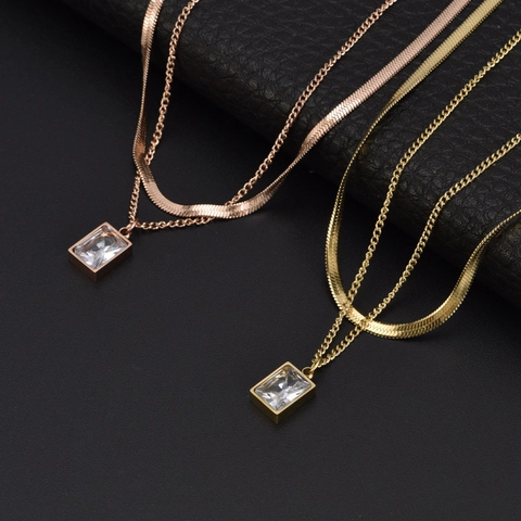 Double Layer Necklace Titanium Steel Square Cubic Zirconia Pendant Snake Chain Gold Plated Minimalist Elegant For Women