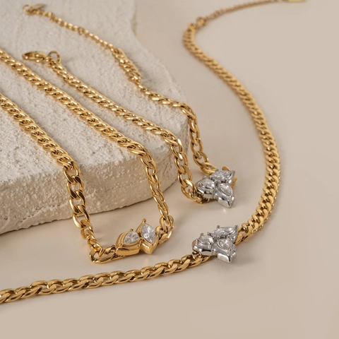 Curb Chain Necklace Bracelet Anklet 18K Gold Plated Stainless Steel Marquise Zircon Elegant Fashion Jewelry For Women