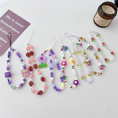 Handgefertigte Perlen Handykette Tulpe Blume Erdbeere Schmetterling Acrylperlen Handy Lanyard Strap Für Damen Kawaii Handyschmuck